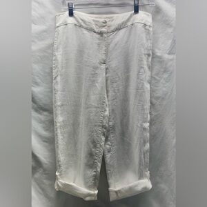 Eileen Fisher 100% LINEN Crops Straight Leg White Crop XS S Roll Tab Legs